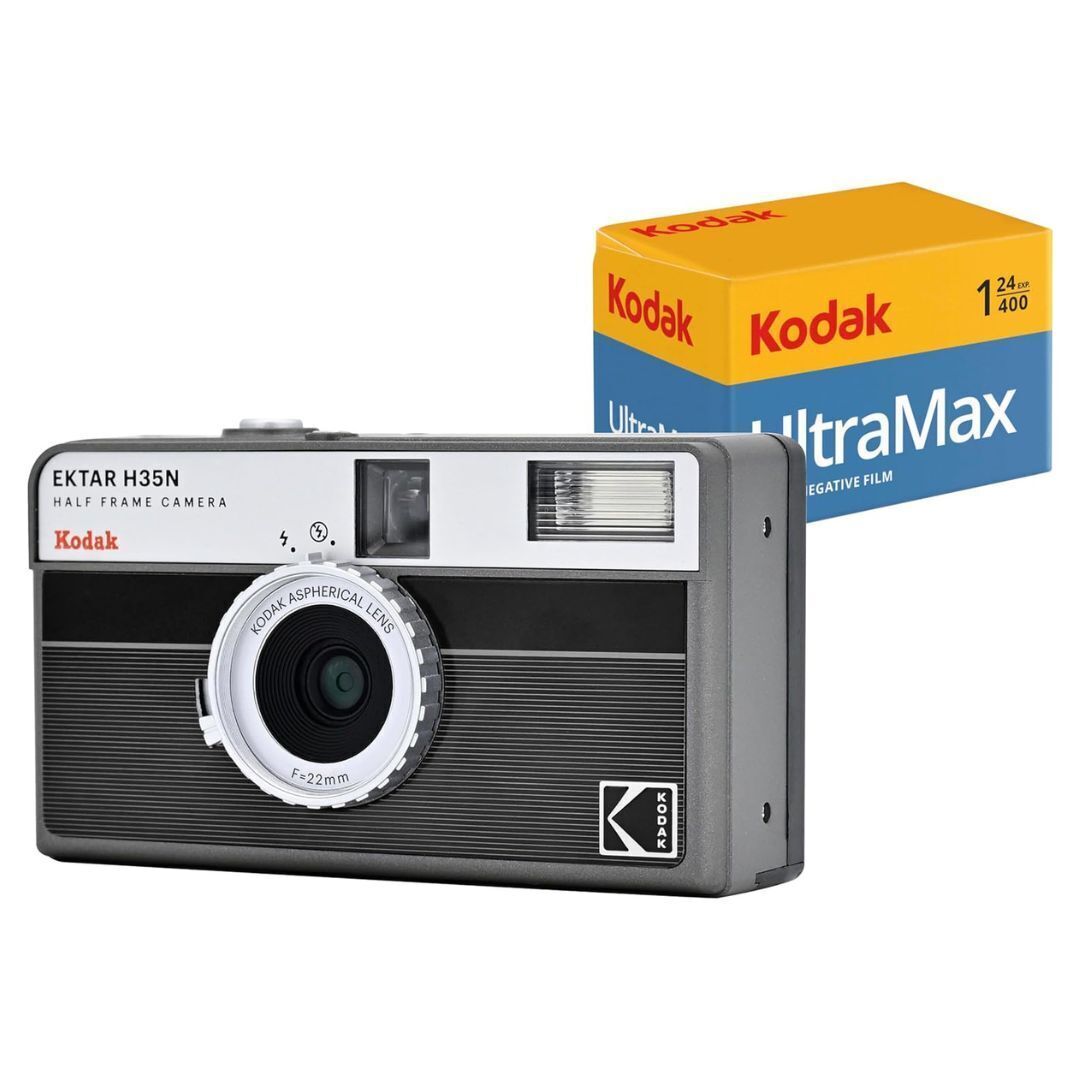 Kodak Ektar H35N 35mm Half Frame Film Camera Bundle with Ultramax 400 24 Exp Film (Striped Black)