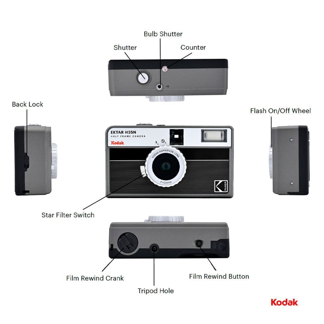 Kodak Ektar H35N 35mm Half Frame Film Camera Bundle with Ultramax 400 24 Exp Film (Striped Black)