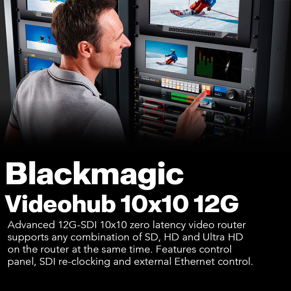 Blackmagic Design Videohub 10x10 12G Zero-Latency Video Router with Cables and Cable Ties Bundle