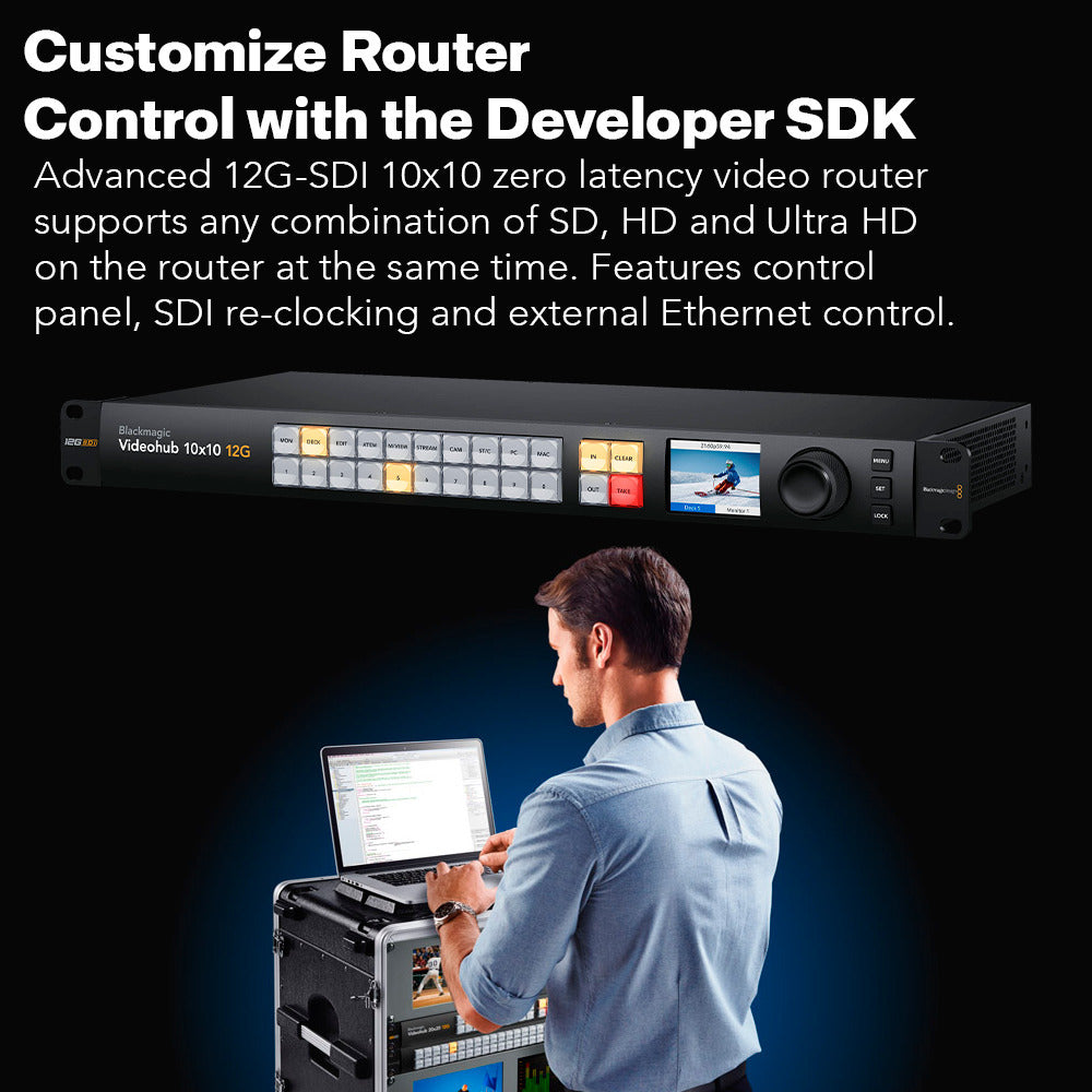 Blackmagic Design Videohub 10x10 12G Zero-Latency Video Router with Cables and Cable Ties Bundle