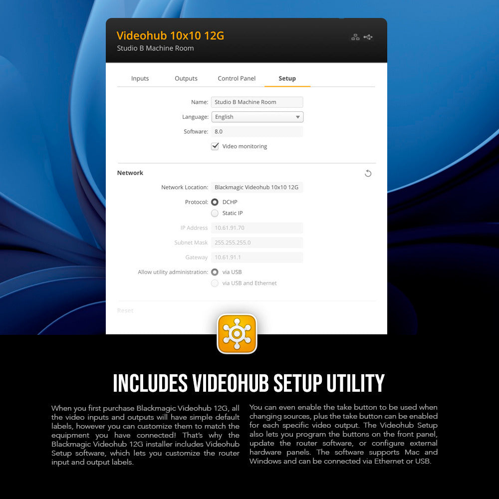 Blackmagic Design Videohub 10x10 12G Zero-Latency Video Router with Cables and Cable Ties Bundle