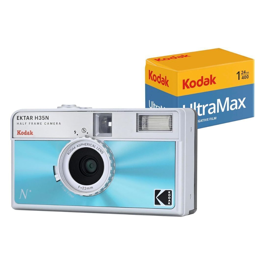 Kodak Ektar H35N 35mm Half Frame Film Camera Bundle with Ultramax 400 24 Exp Film (Glazed Blue)