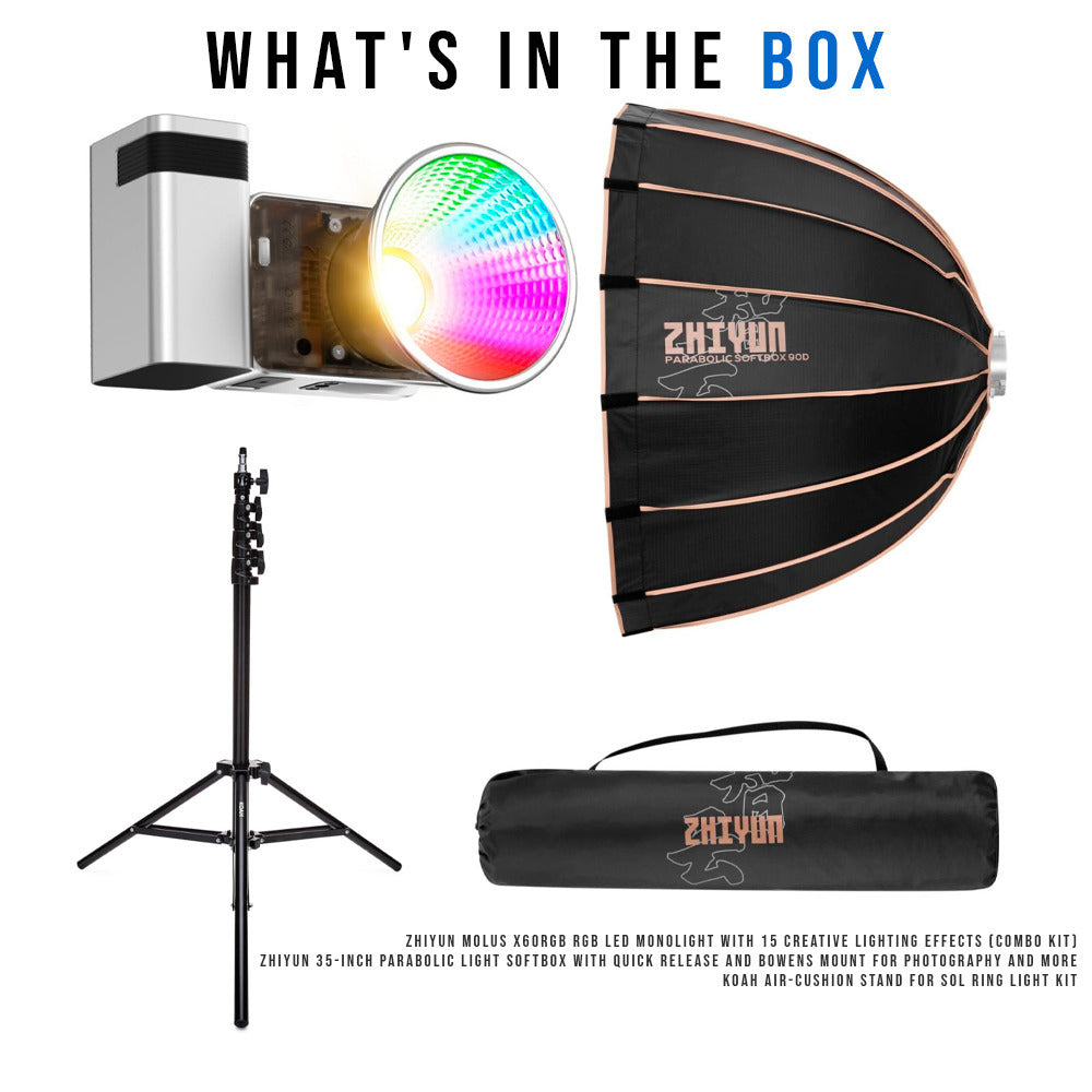 Zhiyun Molus X60RGB RGB LED Monolight (Combo Kit) with Zhiyun 3-Feet 90D Parabolic Softbox Bundle