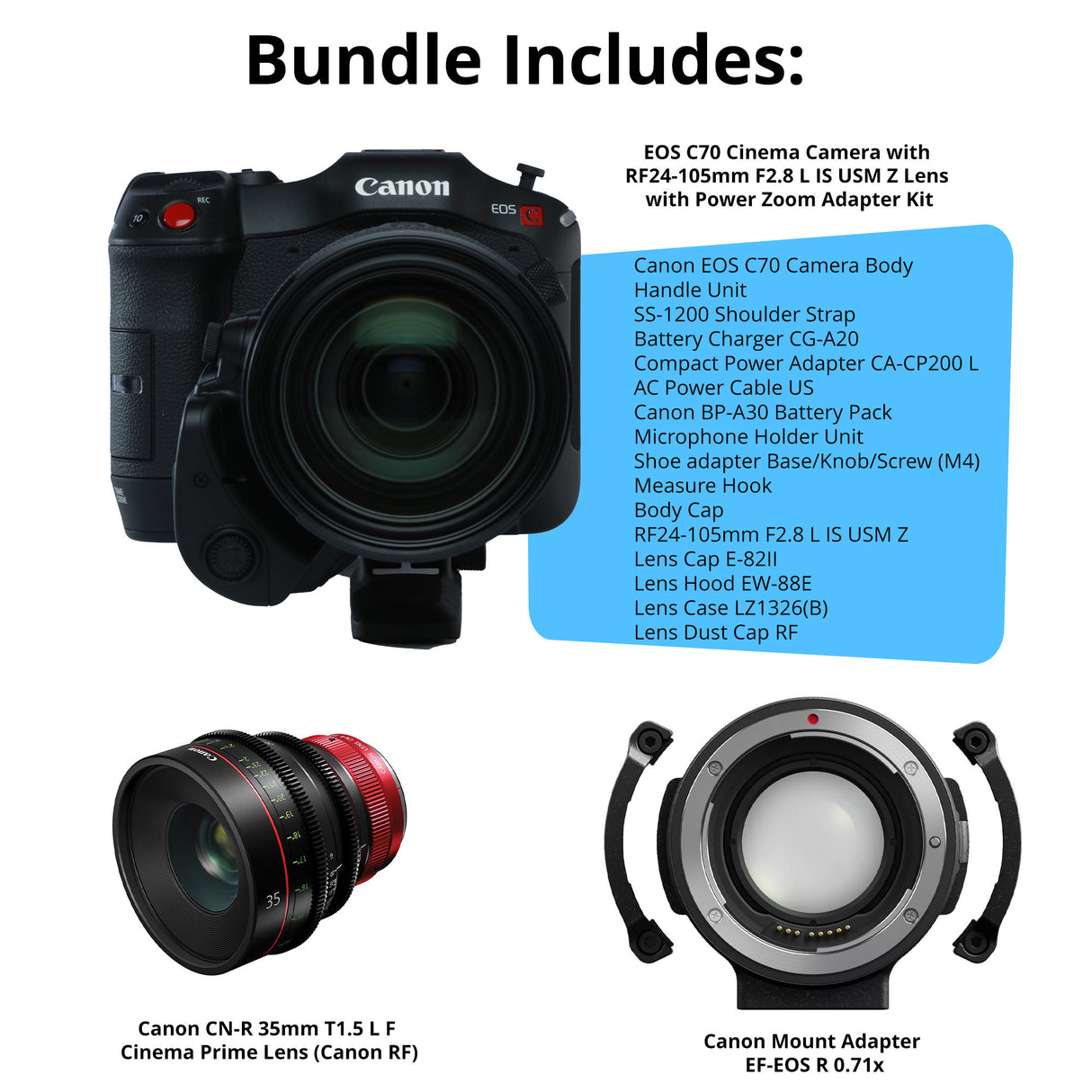 Canon EOS C70 Cinema Camera with 24-70mm & CN-R 35mm T1.5 Lenses & EF-EOS R 0.71x Mount Adapter Pro