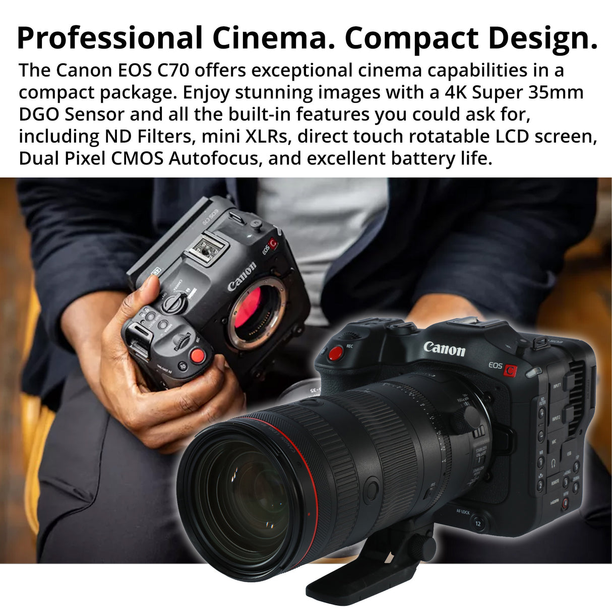 Canon EOS C70 Cinema Camera with 24-70mm & CN-R 35mm T1.5 Lenses & EF-EOS R 0.71x Mount Adapter Pro