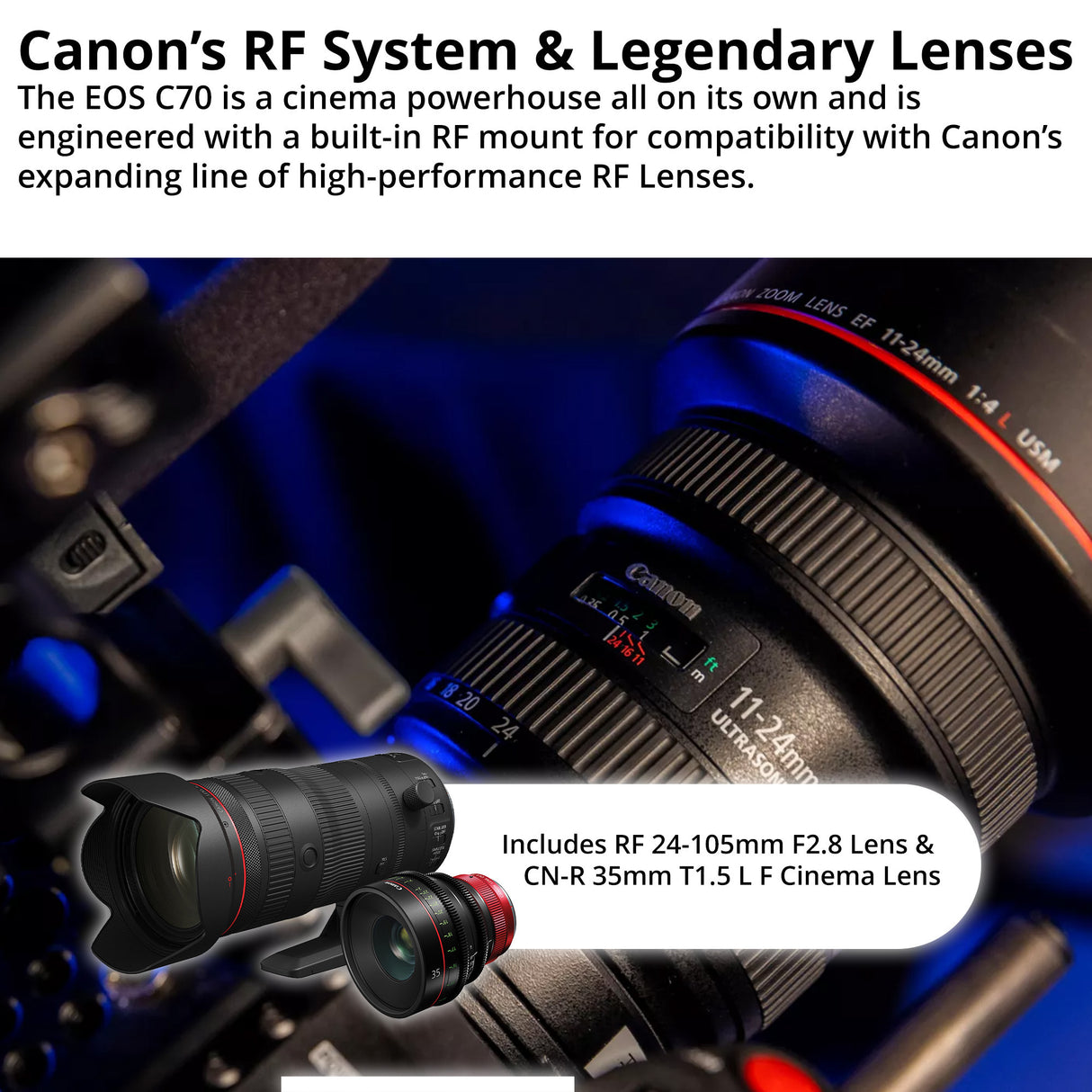 Canon EOS C70 Cinema Camera with 24-70mm & CN-R 35mm T1.5 Lenses & EF-EOS R 0.71x Mount Adapter Pro