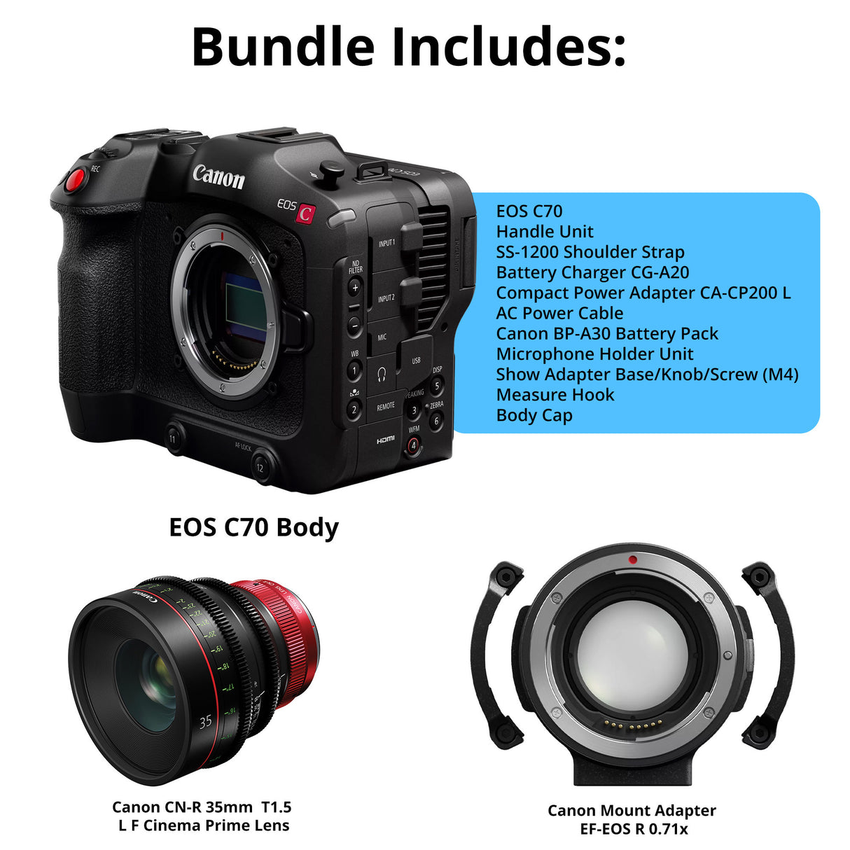 Canon EOS C70 Cinema with CN-R 35mm T1.5 L F Cinema Prime Lens & EF-EOS R 0.71x Mount Adapter Bundle