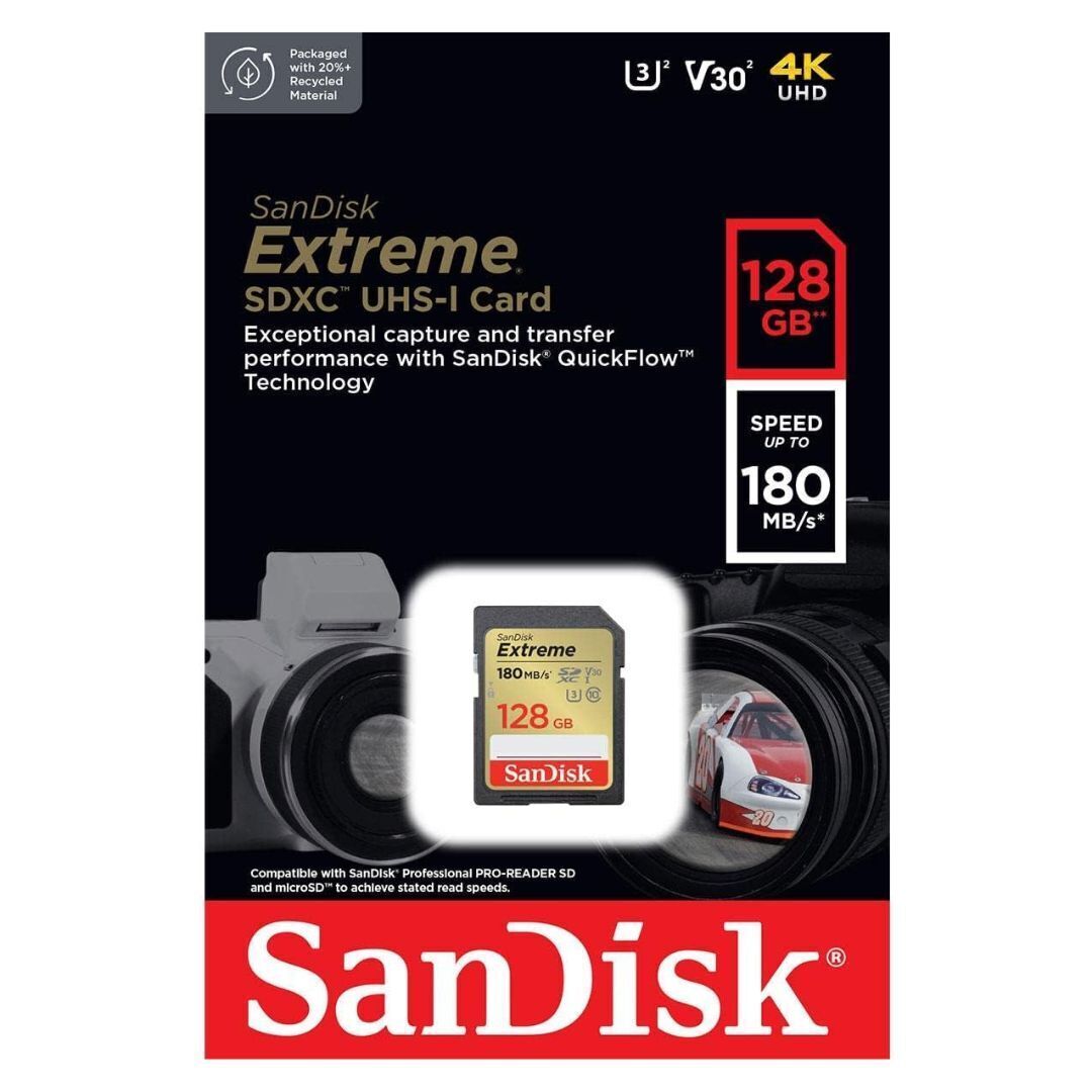 SanDisk Extreme SDXC UHS-I Memory Card with 180MBPS Read Speed and 90MBPS Write Speed (128GB, Black)