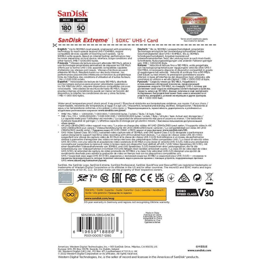 SanDisk Extreme SDXC UHS-I Memory Card with 180MBPS Read Speed and 90MBPS Write Speed (128GB, Black)