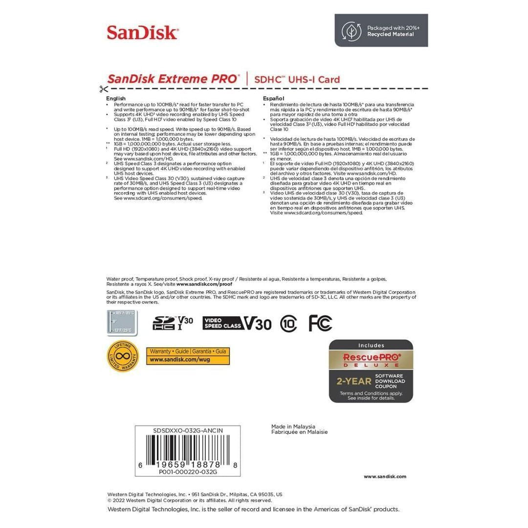 SanDisk Extreme Pro SDHC UHS-I Memory Card with 100MBPS Read and 90MBPS Write (32GB, Black)