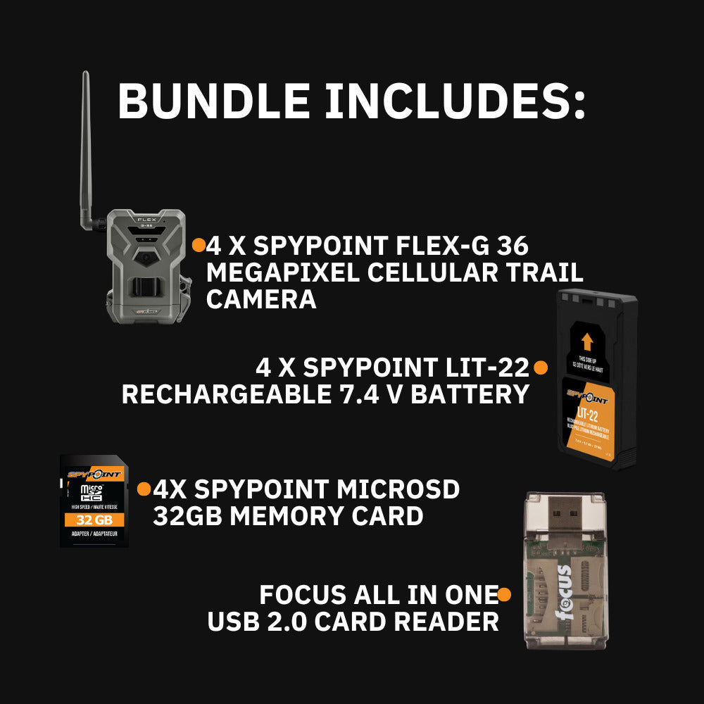 Spypoint FLEX-G36 Trail Camera (4-Pack) with Spypoint Lit-22 Lithium Battery Pack (4-Pack) Bundle