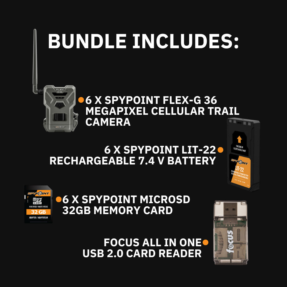 Spypoint FLEX-G36 Trail Camera (6-Pack) with Spypoint Lit-22 Lithium Battery Pack (6-Pack) Bundle
