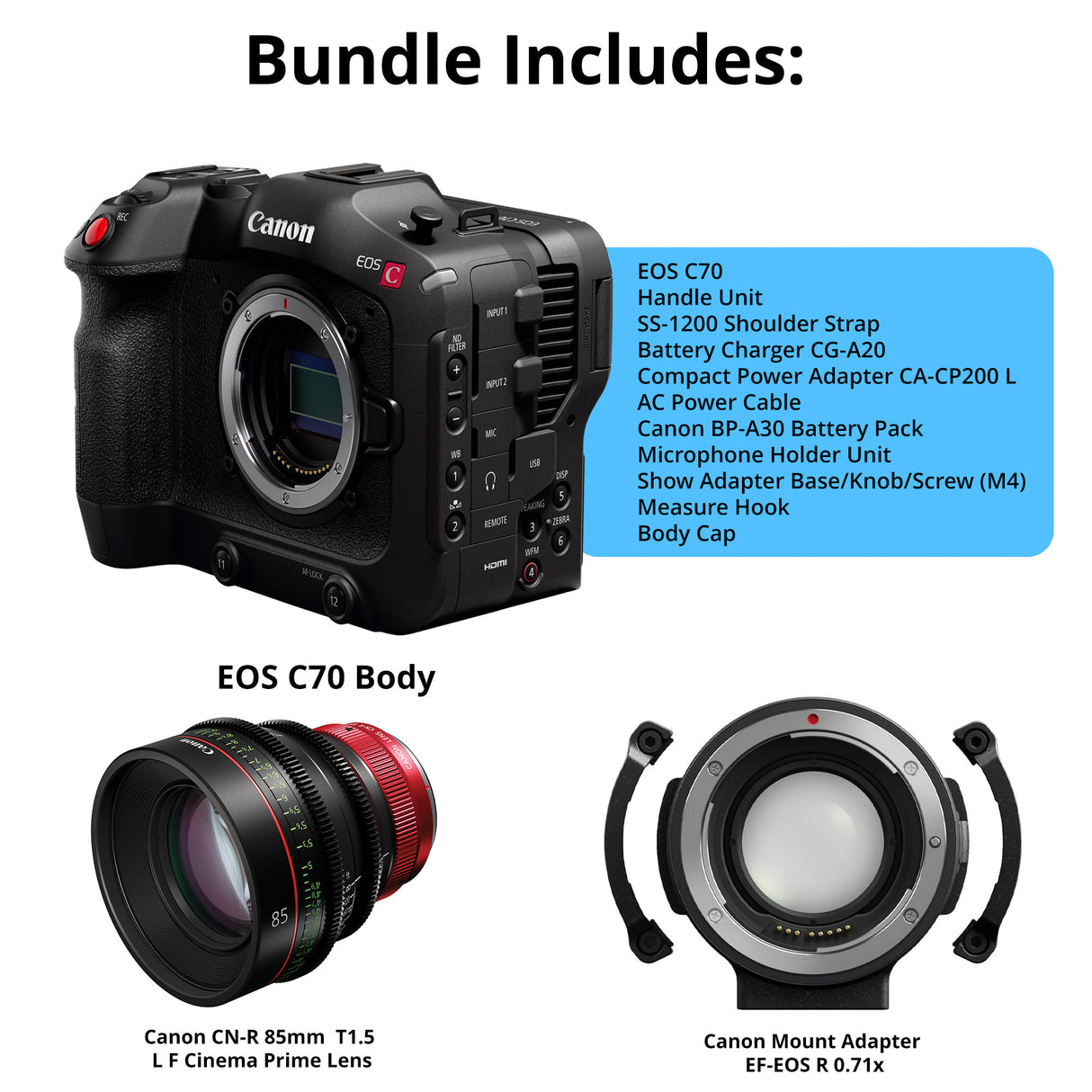 Canon EOS C70 Cinema with CN-R 85mm T1.3 L F Prime Lens & EF-EOS R 0.71x Mount Adapter Bundle