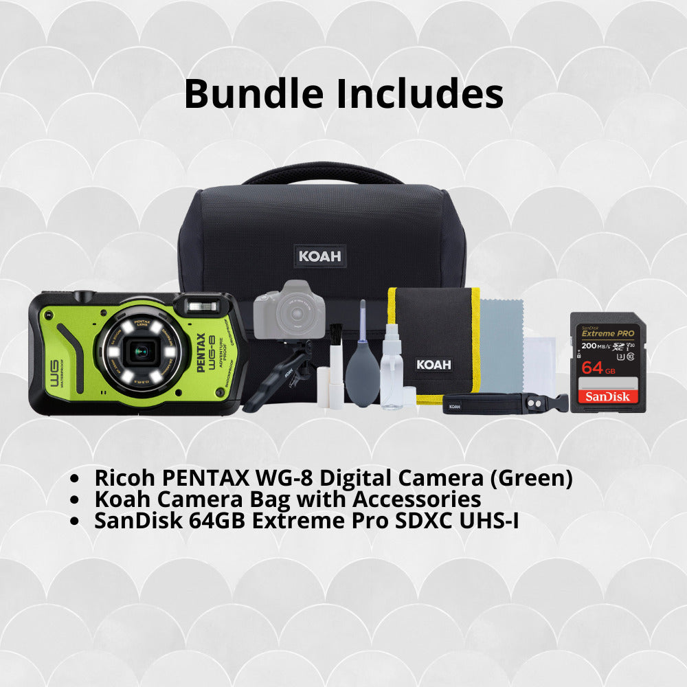 Pentax WG-8 All-Weather Camera with Heavy-Duty Construction and 5x Optical Zoom Lens (Green) Bundle