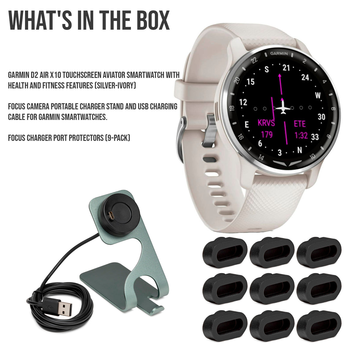 Garmin D2 Air X10 Touchscreen Aviator Smartwatch with Fitness Features (Silver-Ivory) Bundle