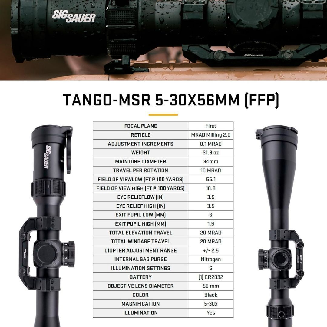 SIG SAUER Tango-MSR 5-30 x 56mm 34mm Tube Riflescope (MRAD Milling 2.0 Illuminated Reticle, Black)