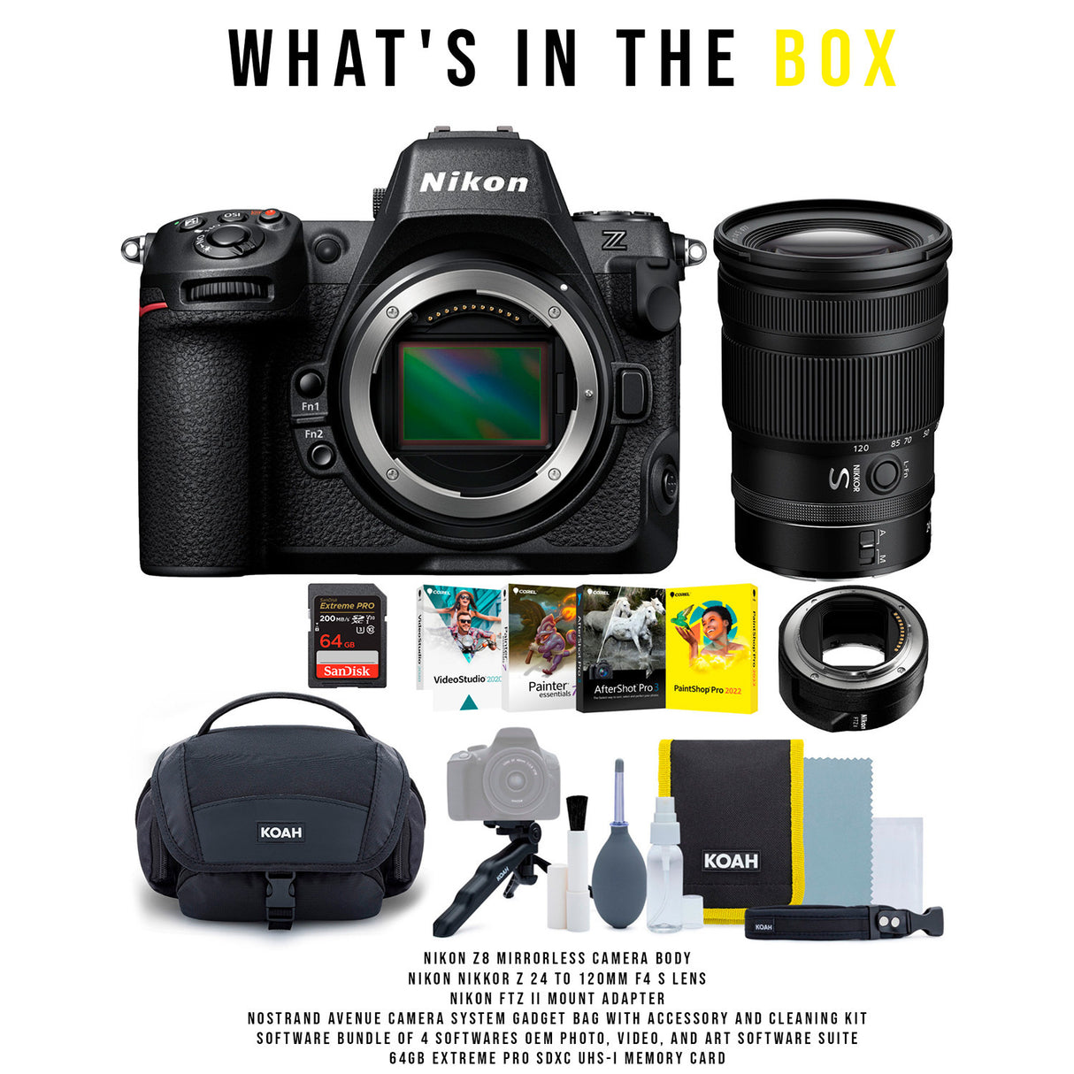 Nikon Z8 Mirrorless Camera Body with Nikon NIKKOR Z 24 to 120mm f4 S Lens and Nikon Adapter Bundle