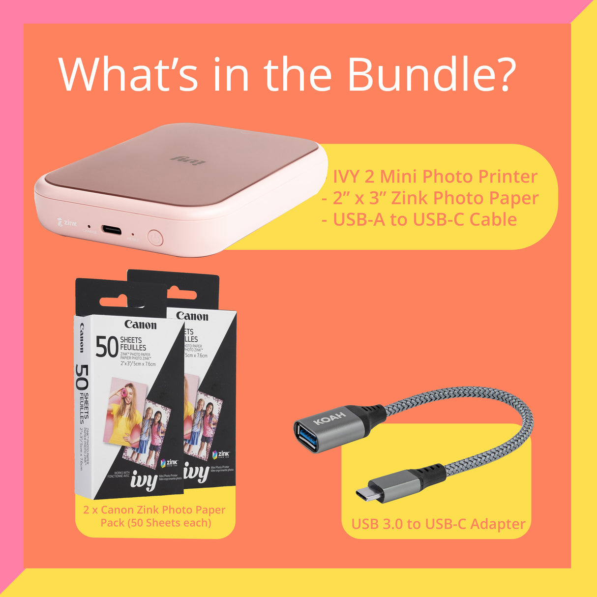 Canon IVY 2 Mini Compact Photo Sticker Printer with LED Light Bar (Blush Pink) Bundle