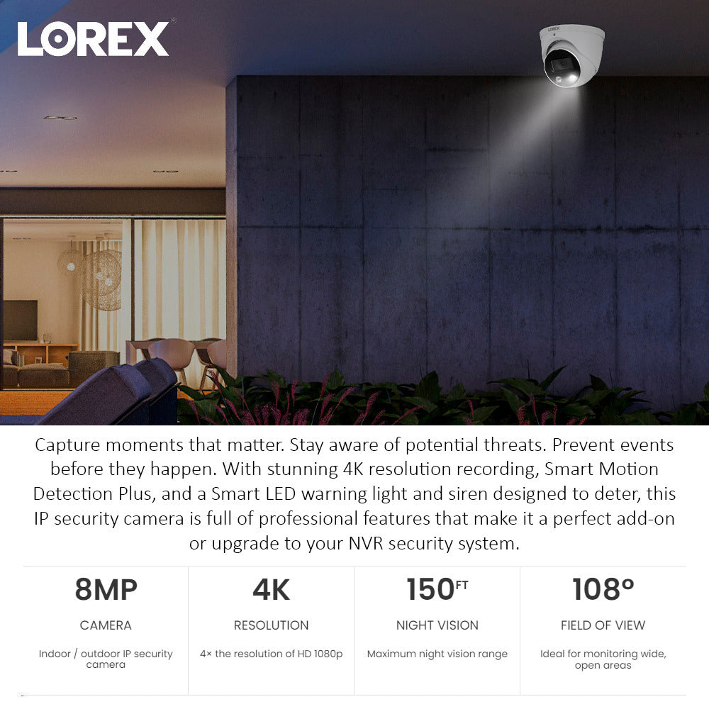 Lorex 4K Ultra HD Smart Deterrence IP 8MP Remote Access Dome Camera with Smart Motion Detection Plus