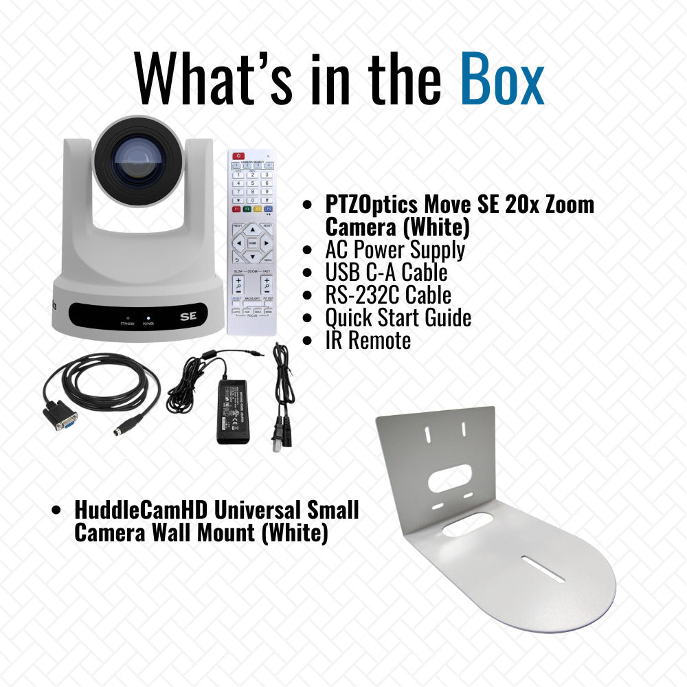 PTZOptics Move SE 20x 1080p Full HD Advanced PTZ Auto-Tracking Pan Tilt Zoom Camera (White) Bundle
