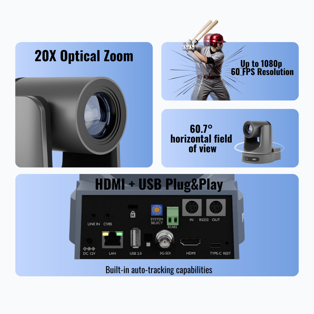 PTZOptics Move SE 20x 1080p Full HD Advanced PTZ Auto-Tracking Pan Tilt Zoom Camera (Gray) Bundle