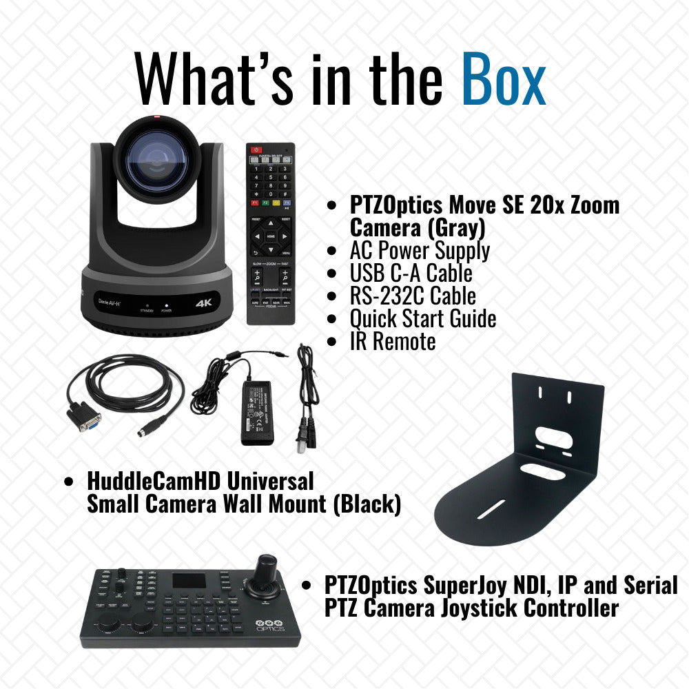 PTZOptics Move SE 20x 1080p Full HD Advanced PTZ Auto-Tracking Pan Tilt Zoom Camera (Gray) Bundle