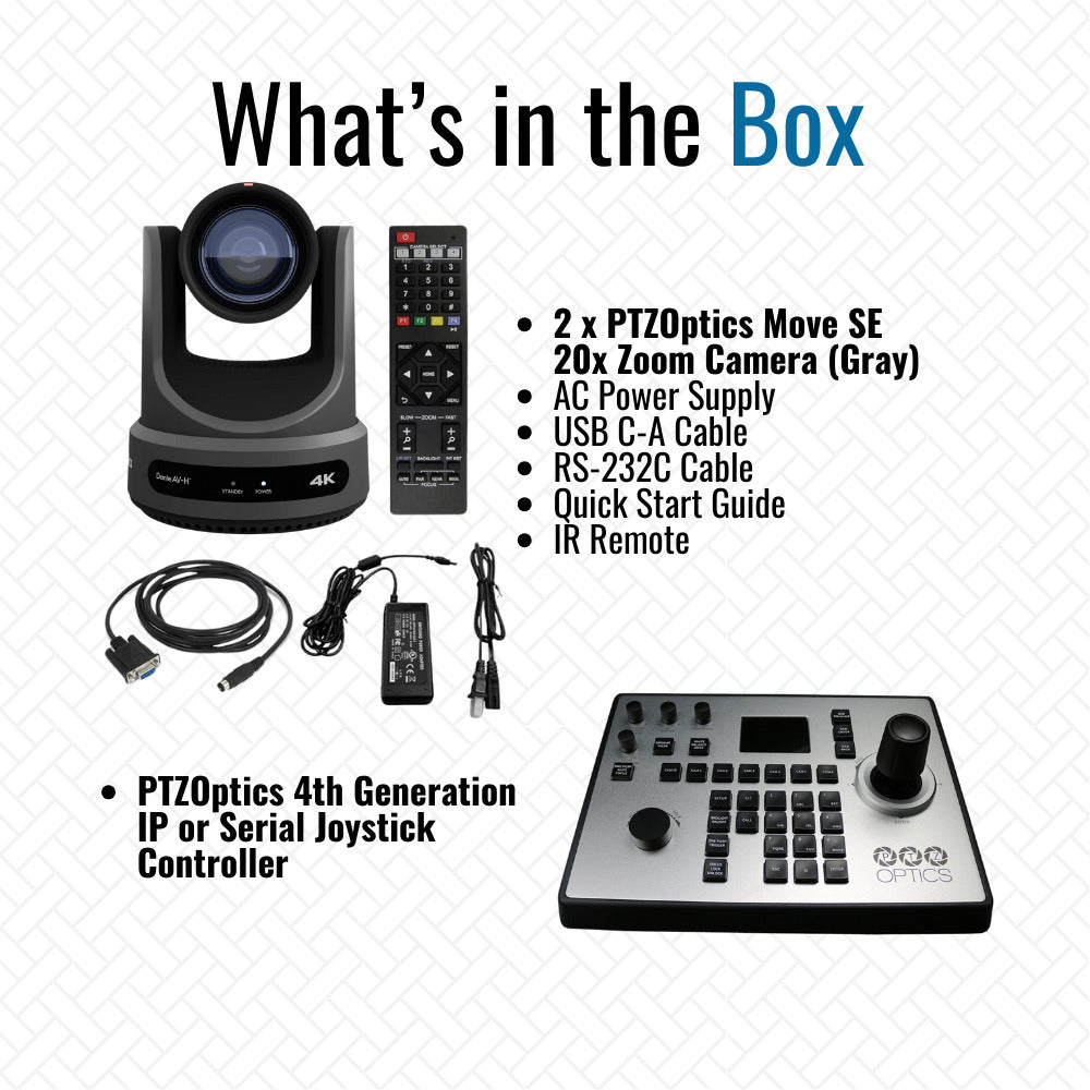PTZOptics Move SE 20x 1080p PTZ Auto-Tracking Pan Tilt Zoom Camera (Gray, 2-Pack) Bundle