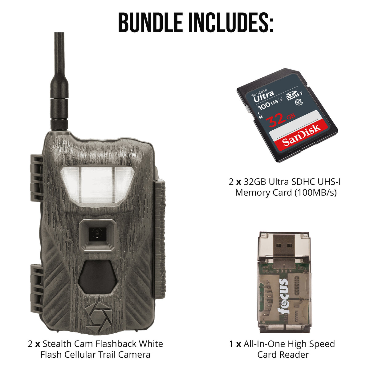 Stealth Cam Flashback White Flash Cellular Trail Camera 2-Pack with Two 32GB Cards and Card Reader