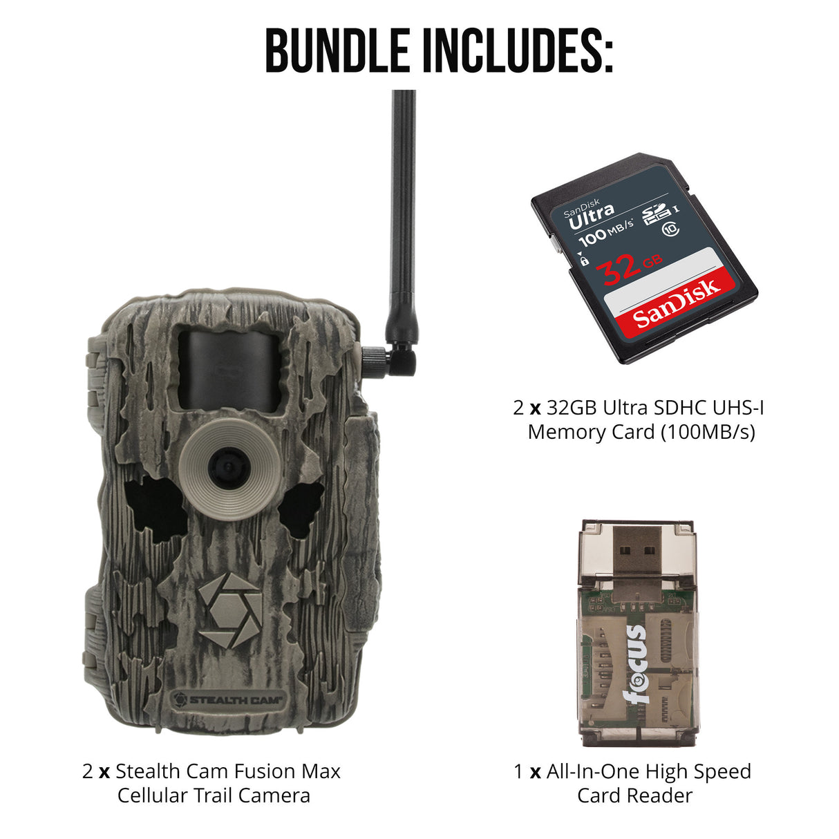 Stealth Cam 36MP Fusion Max Cellular Trail Camera 2-Pack with Two 32GB Cards and Card Reader