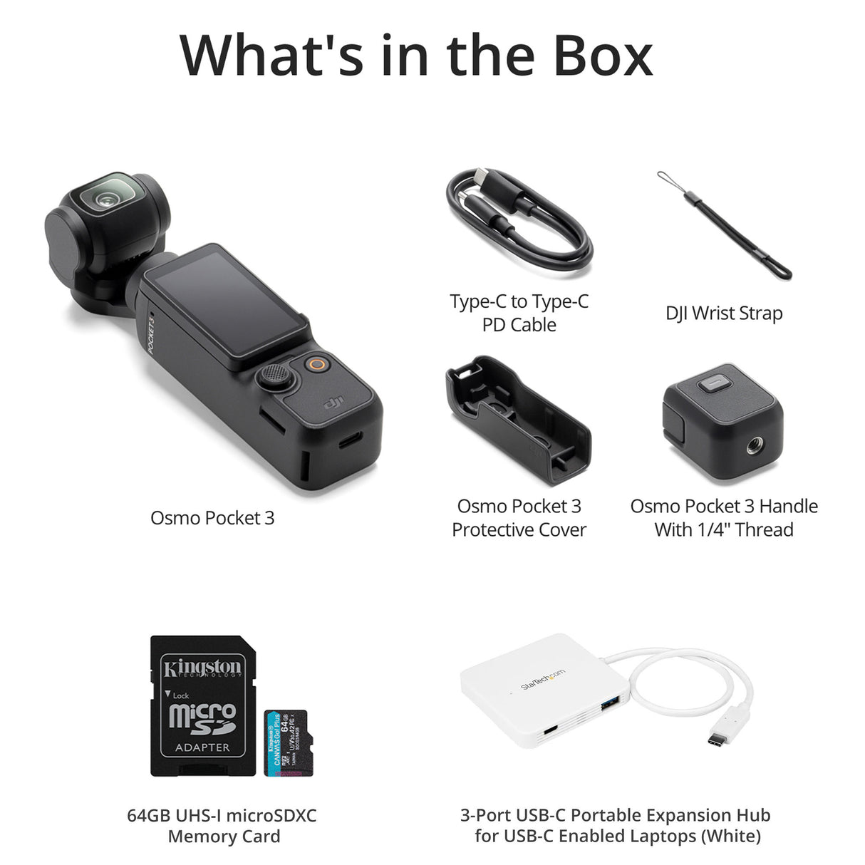 DJI Osmo Pocket 3 Handheld Action Camera with 64GB MicroSD Card and 3-Port USB-C Hub Bundle
