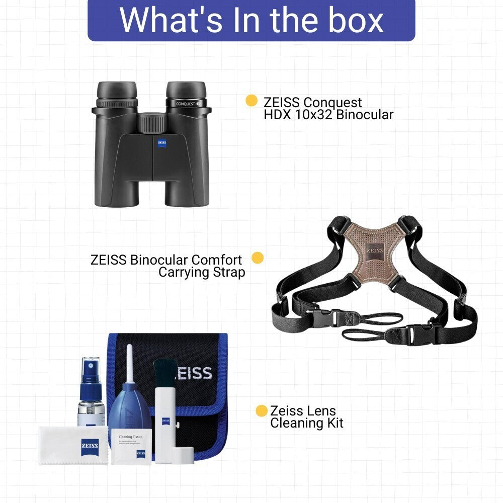 Zeiss Conquest HDX 10x32 Binocular with 90 Percent Light Transmission (Black) Bundle