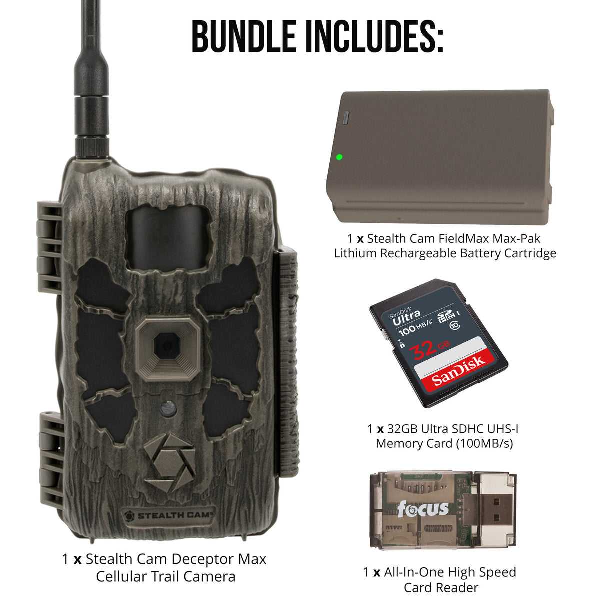 Stealth Cam Deceptor Max Cellular Trail Camera with Fieldmax Lithium Rechargeable Cartridge Bundle