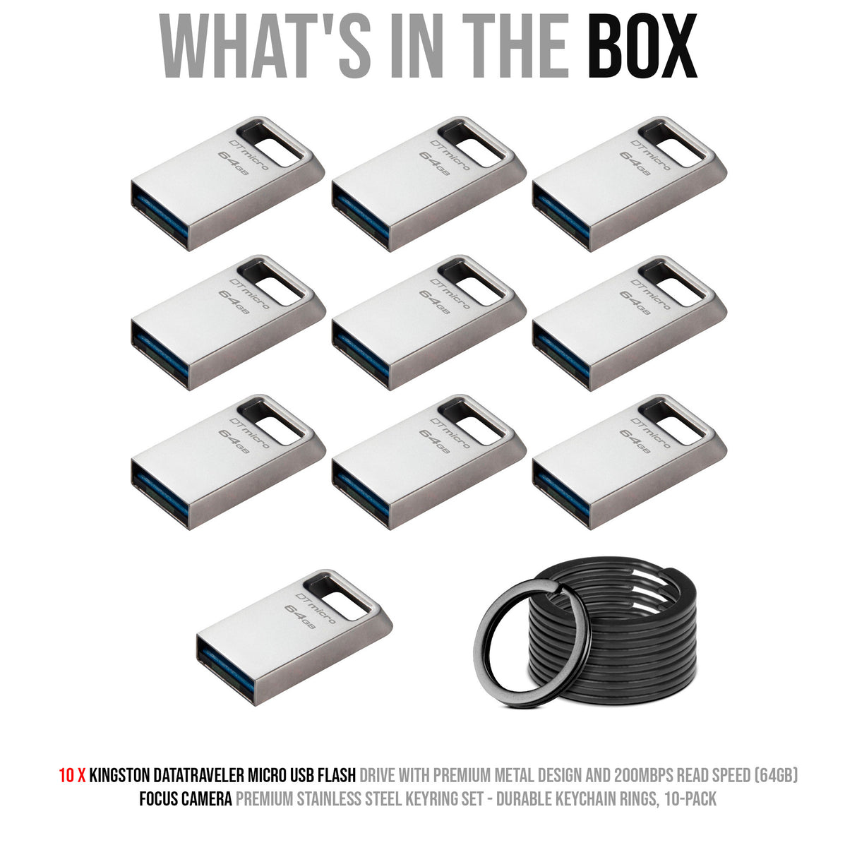 Kingston 64GB DataTraveler Micro USB Metal Flash Drive (10-Pack) and Keyrings (10-Pack) Bundle