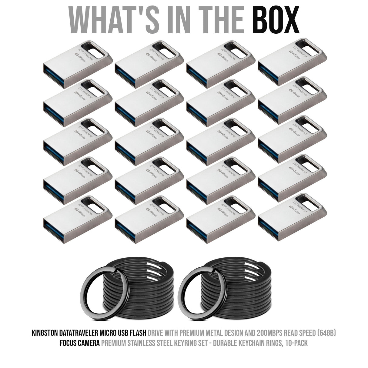 Kingston 64GB DataTraveler Micro USB Metal Flash Drive (20-Pack) and Keyrings (20-Pack) Bundle