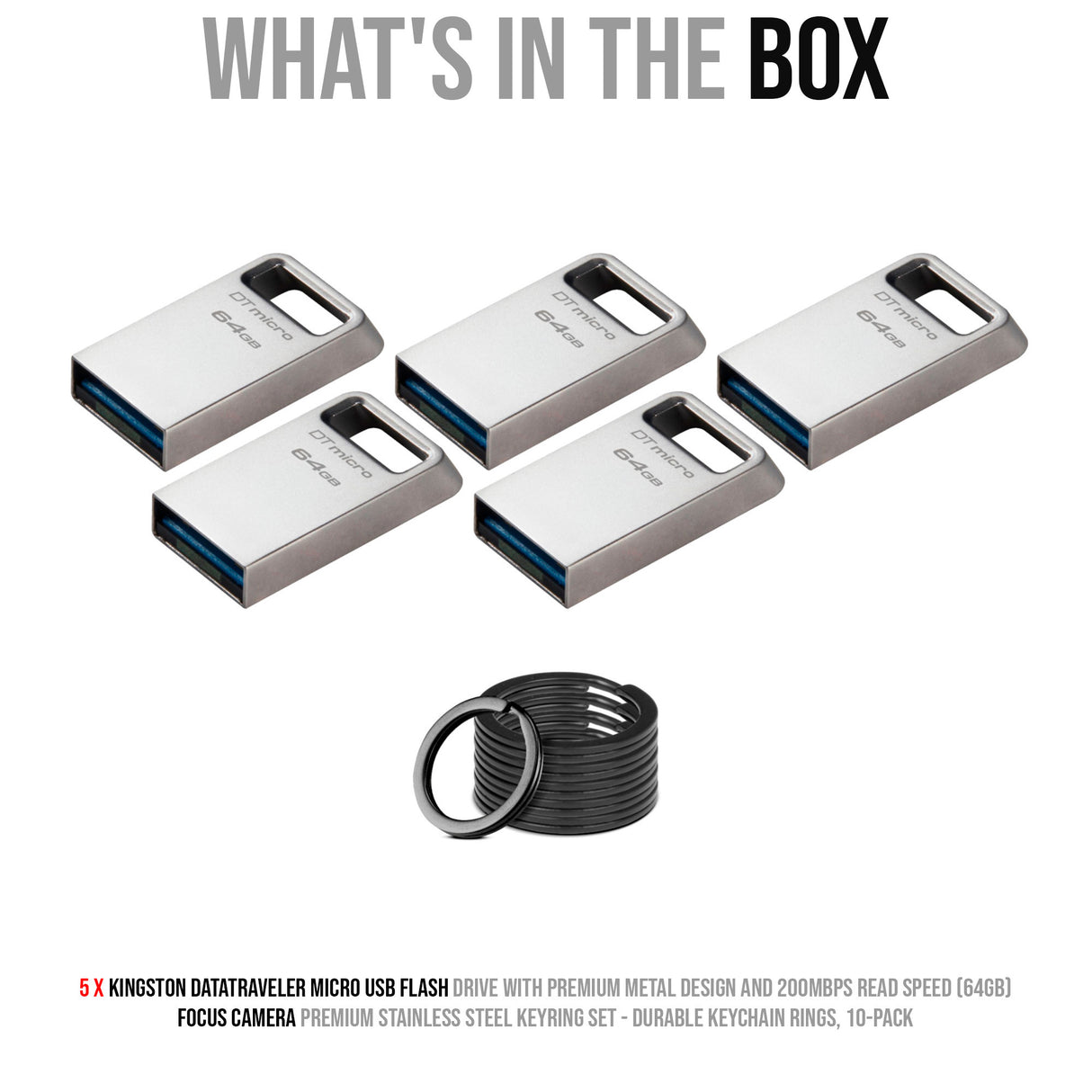 Kingston 64GB DataTraveler Micro USB Metal Flash Drive (5-Pack) and Keyrings (10-Pack) Bundle