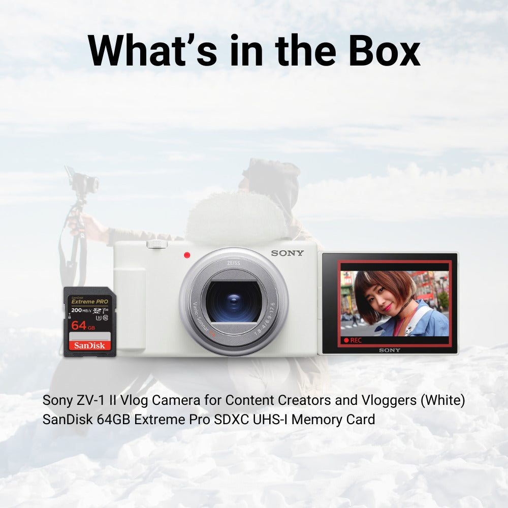 Sony ZV-1 II Vlog Camera for Content Creators and Vloggers (White) with 64GB SDXC Memory Card Bundle