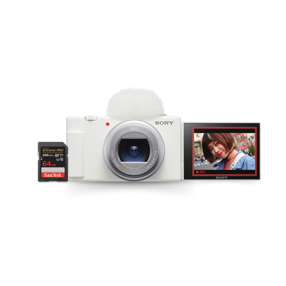 Sony ZV-1 II Vlog Camera for Content Creators and Vloggers (White) with 64GB SDXC Memory Card Bundle