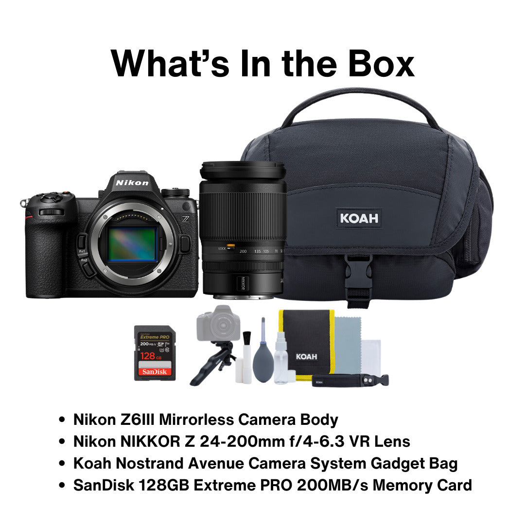 Nikon Z6III FX-Format Mirrorless Camera Body with NIKKOR Z VR Lens, 128GB Card, and Bag Bundle