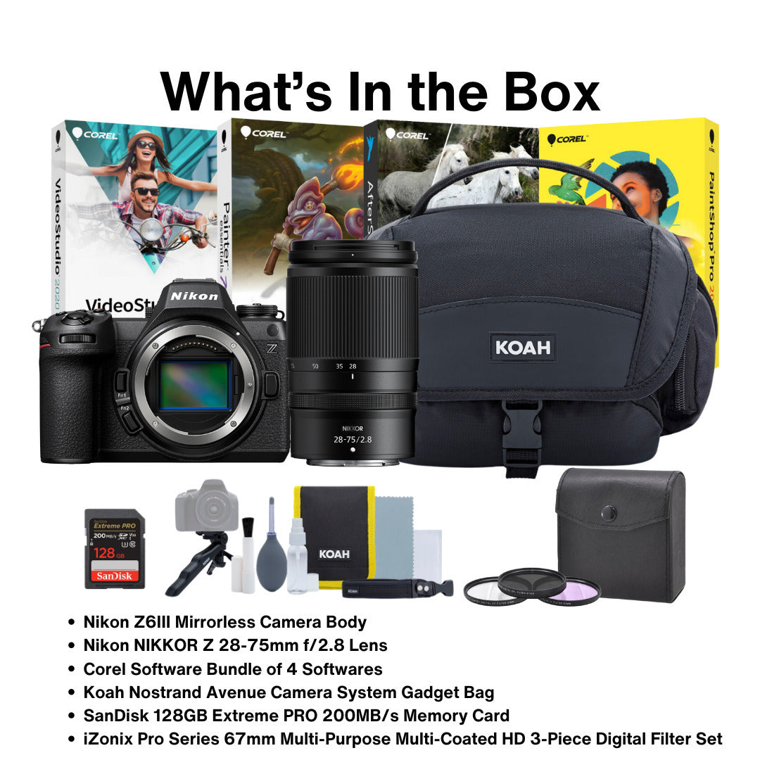 Nikon Z6III FX-Format Mirrorless Camera Body with Nikon NIKKOR Z Lens, Memory Card, and Bag Bundle