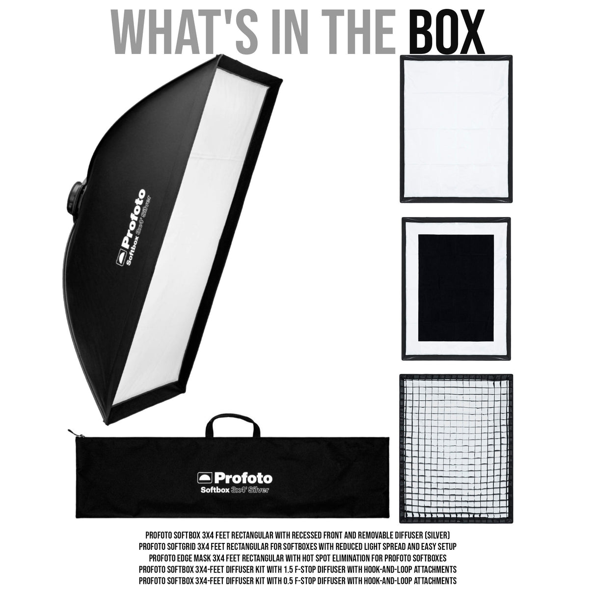 Profoto Softbox 3x4-Feet Rectangular Removable Diffuser (Silver) with Softgrid and Edge Mask Bundle