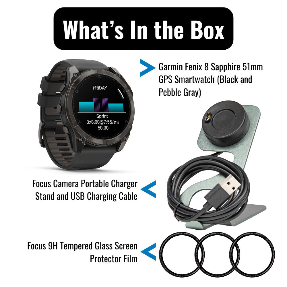 Garmin Fenix 8 AMOLED Sapphire 51mm GPS Smartwatch (Black and Pebble Gray) with Charger Stand Bundle