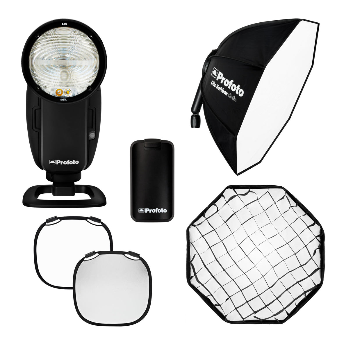 Profoto A10 Nikon On-Camera Flash with Clic Softbox Octa 2.3 Feet and Clic Softgrid Octa Bundle