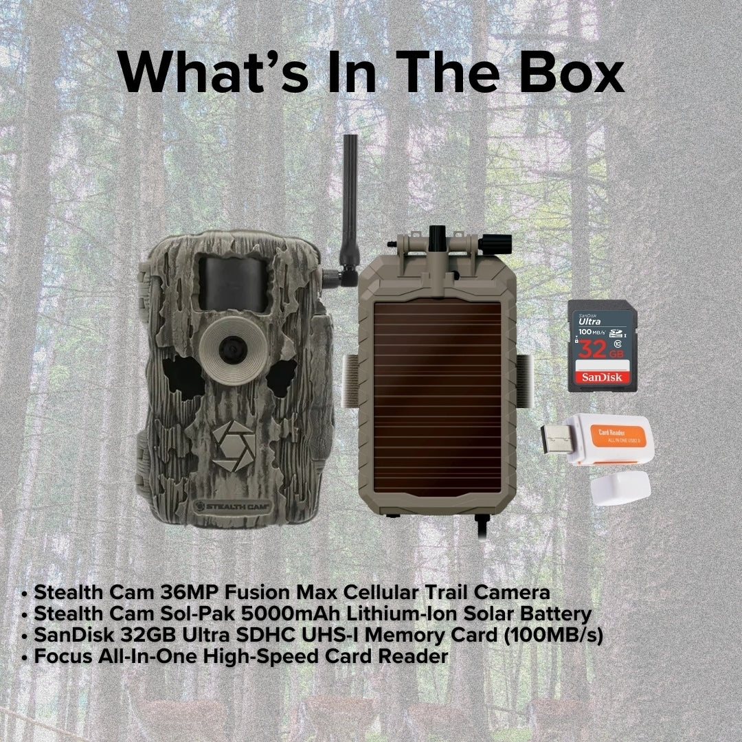 Stealth Cam 36MP Fusion Max Cellular Trail Camera with 80 Feet Detection Range with Battery Bundle