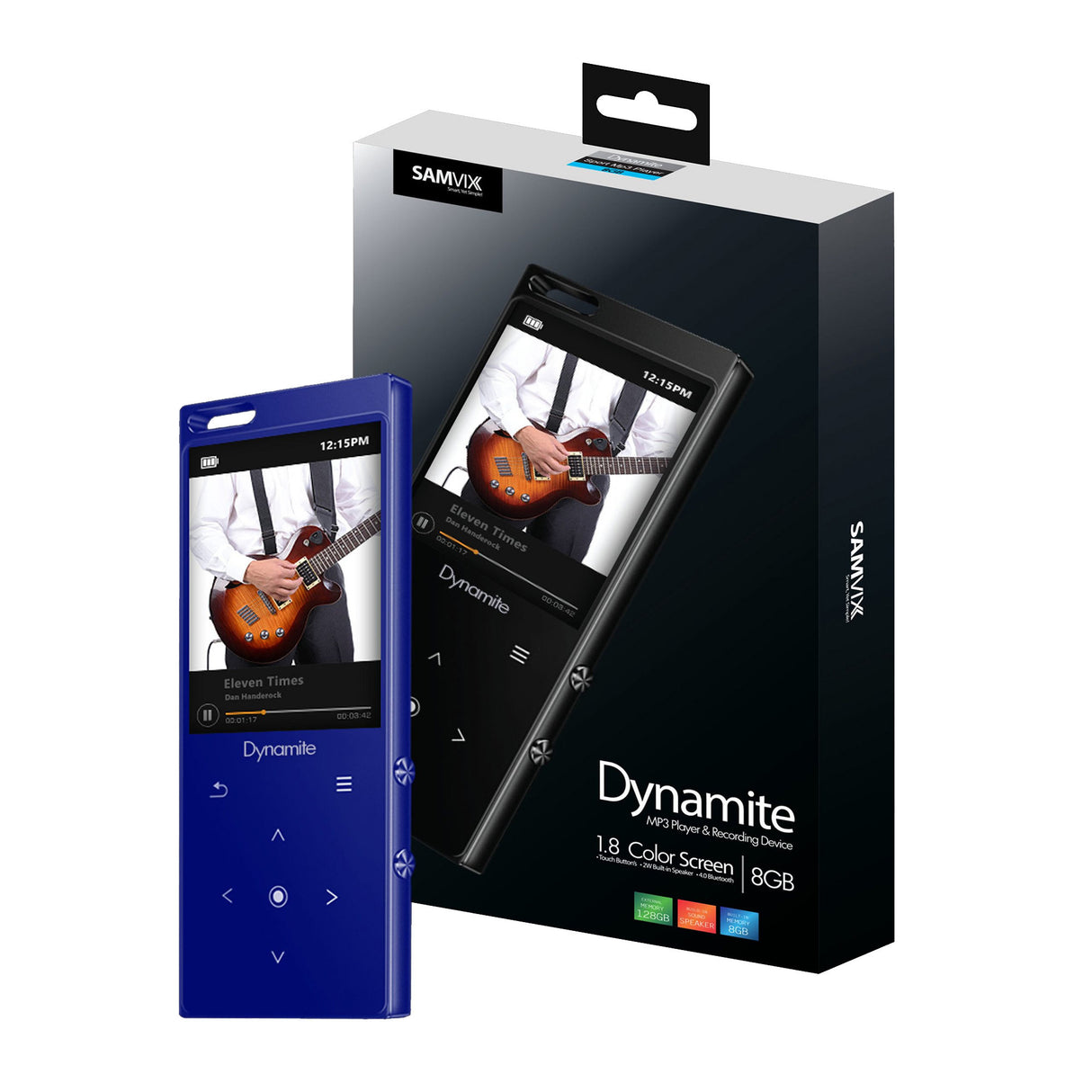 SAMVIX Dynamite Kosher MP3 Player 8GB with Bluetooth, Touch, Voice Recorder (Blue/White)