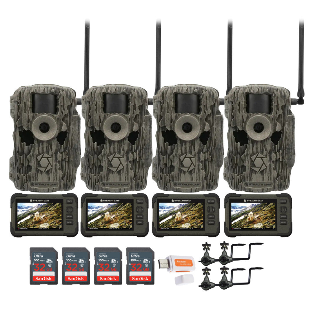 Stealth Cam 36MP Fusion Max Cellular Trail Camera with SD Card Card Viewer Bundle (4-Pack)