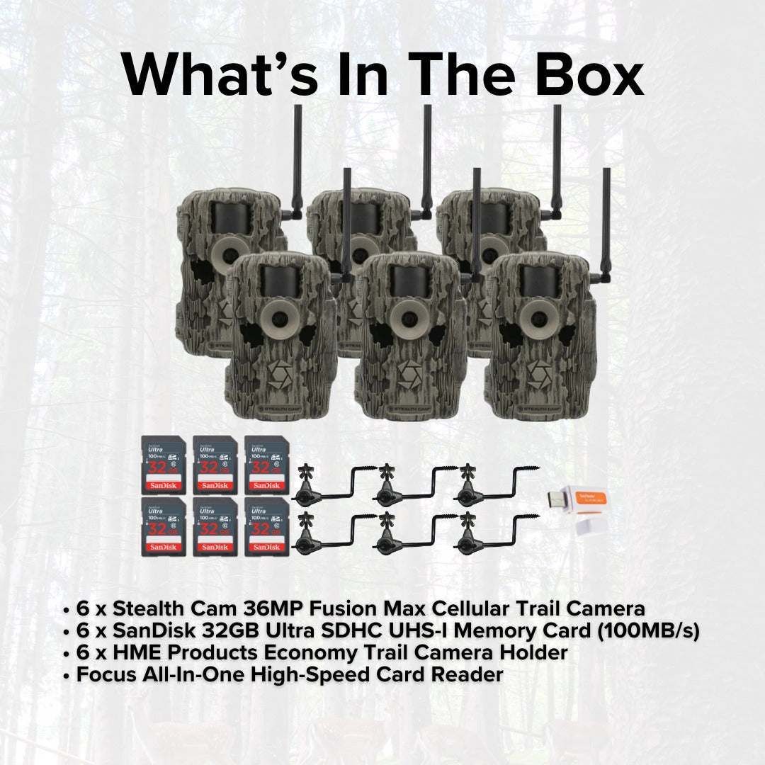 Stealth Cam 36MP Fusion Max Cellular Trail Camera (6-Pack) with Camera Holder (6-Pack) Bundle
