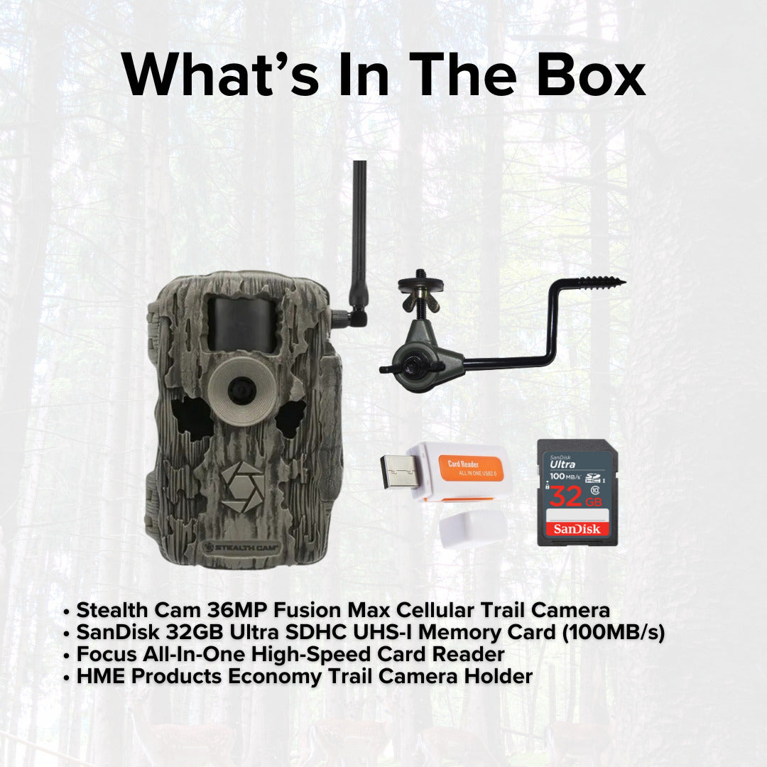Stealth Cam 36MP Fusion Max Cellular Trail Camera with Camera Holder and 32GB Memory Card Bundle