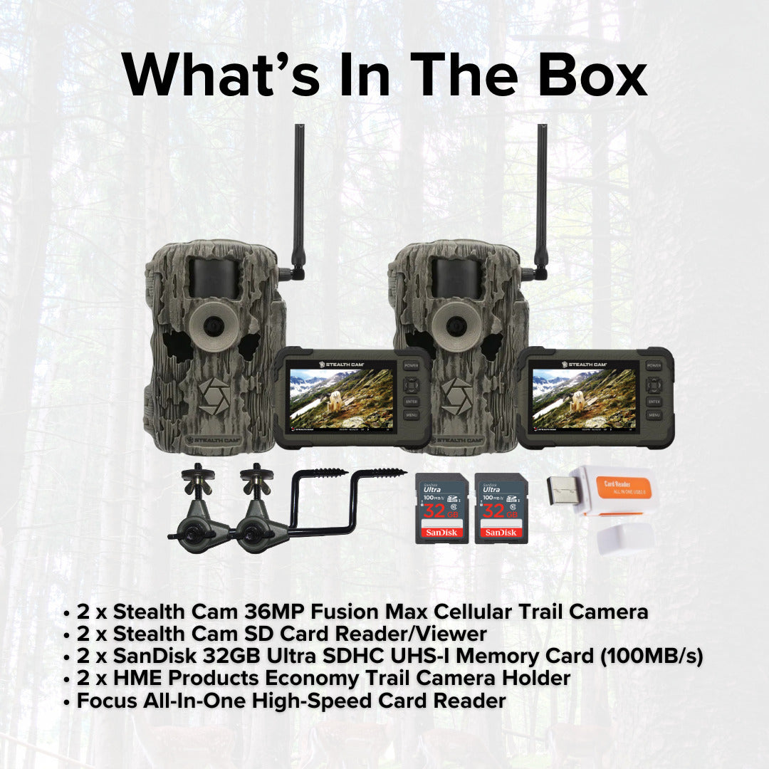 Stealth Cam 36MP Fusion Max Cellular Trail Camera (2-Pack) with SD Card Viewer (2-Pack) Bundle