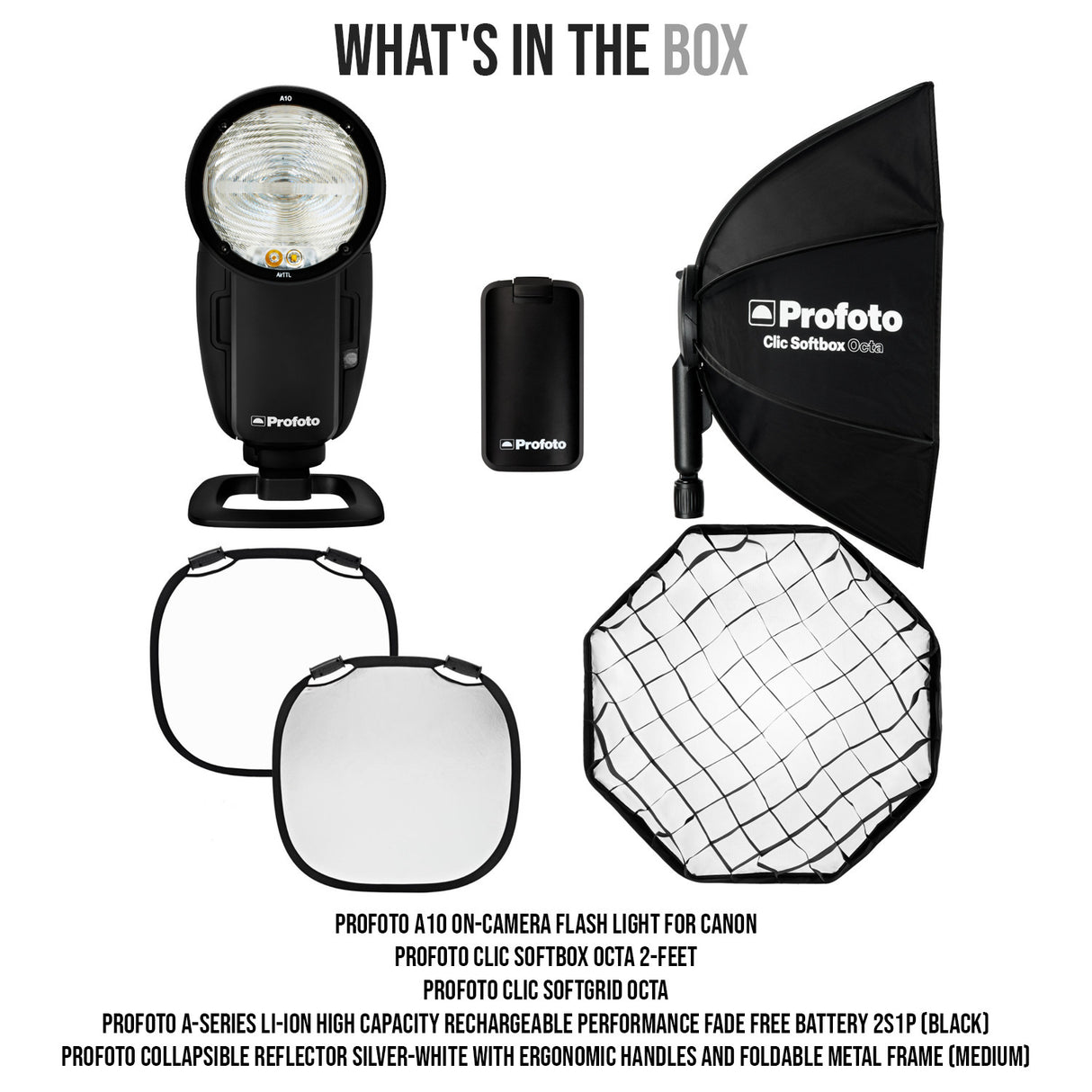 Profoto A10 On-Camera Flash Light for Canon with Clic Softbox Octa 2-Feet and Li-Ion Battery Bundle