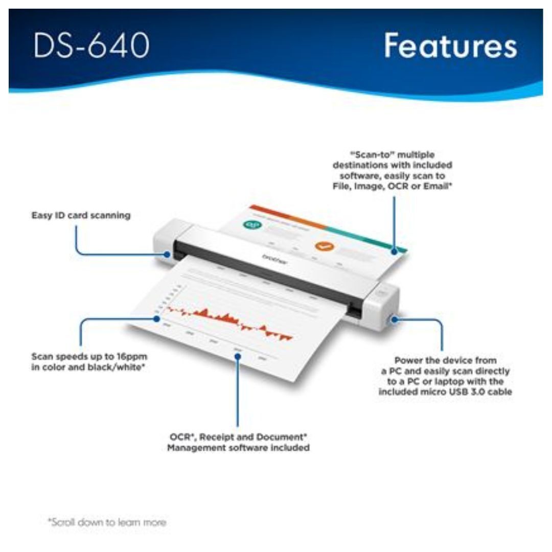 Brother DS-640 Mobile Document Scanner with Scan Speed Up To 16 PPM for On-The-Go Scanning (White)